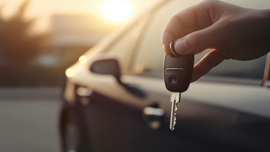 Automóvil nuevo y llaves del vehículo.